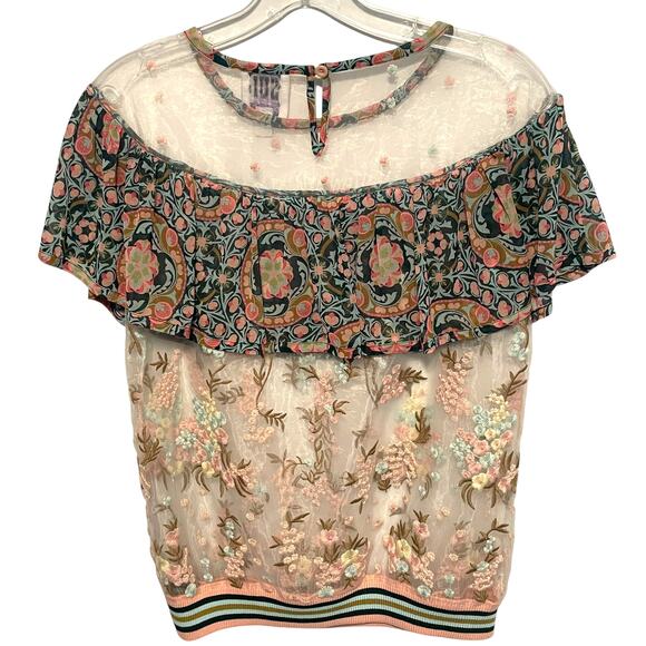 SUI by Anna Sui Sheer Embroidered Flounce Top Womens Small Floral Prairie Blouse - Picture 3 of 6